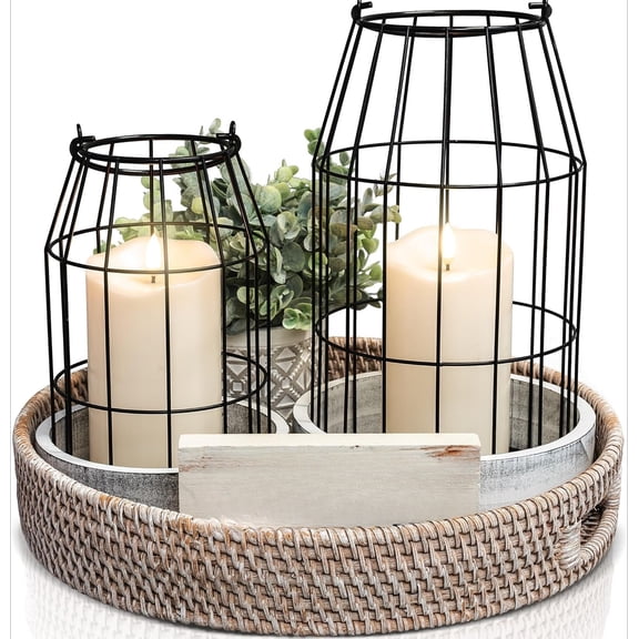 Rustic Farmhouse Lantern Decor Set of 2 - Stylish Decorative Lanterns for Your Living Room, Fireplace Mantle or Kitchen Dining Table - Modern Indoor/Outdoor Coffee Table Decor for Your Entire Home