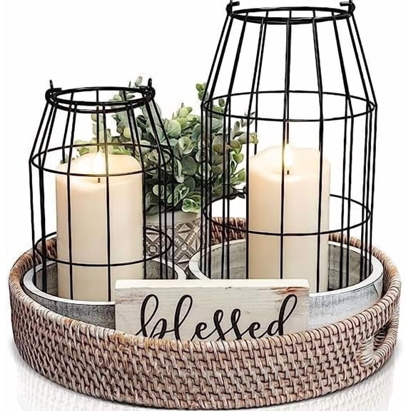 Rustic Farmhouse Lantern Decor Set of 2 - Stylish Decorative Lanterns for Your Living Room, Fireplace Mantle or Kitchen Dining Table - Modern Upscale Beauty for Your Entire Home