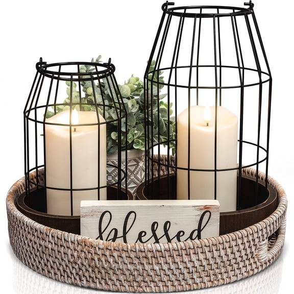 Rustic Farmhouse Lantern Decor Set of 2 - Stylish Decorative Lanterns for Your Living Room, Patio & Porch or Kitchen Dining Table - Modern Indoor/Outdoor Coffee Table Decor for Your Entire Home