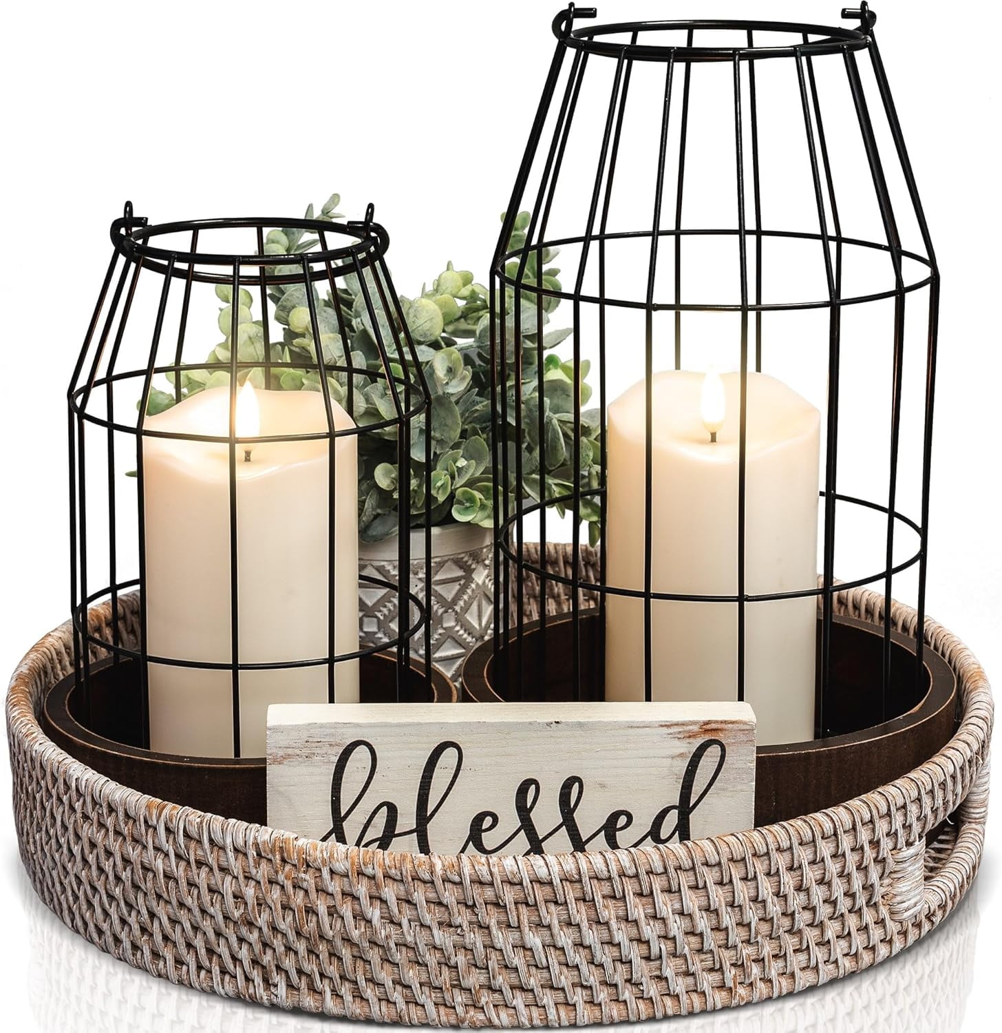 Rustic Black Metal and Wood Candle Lantern Set of 2