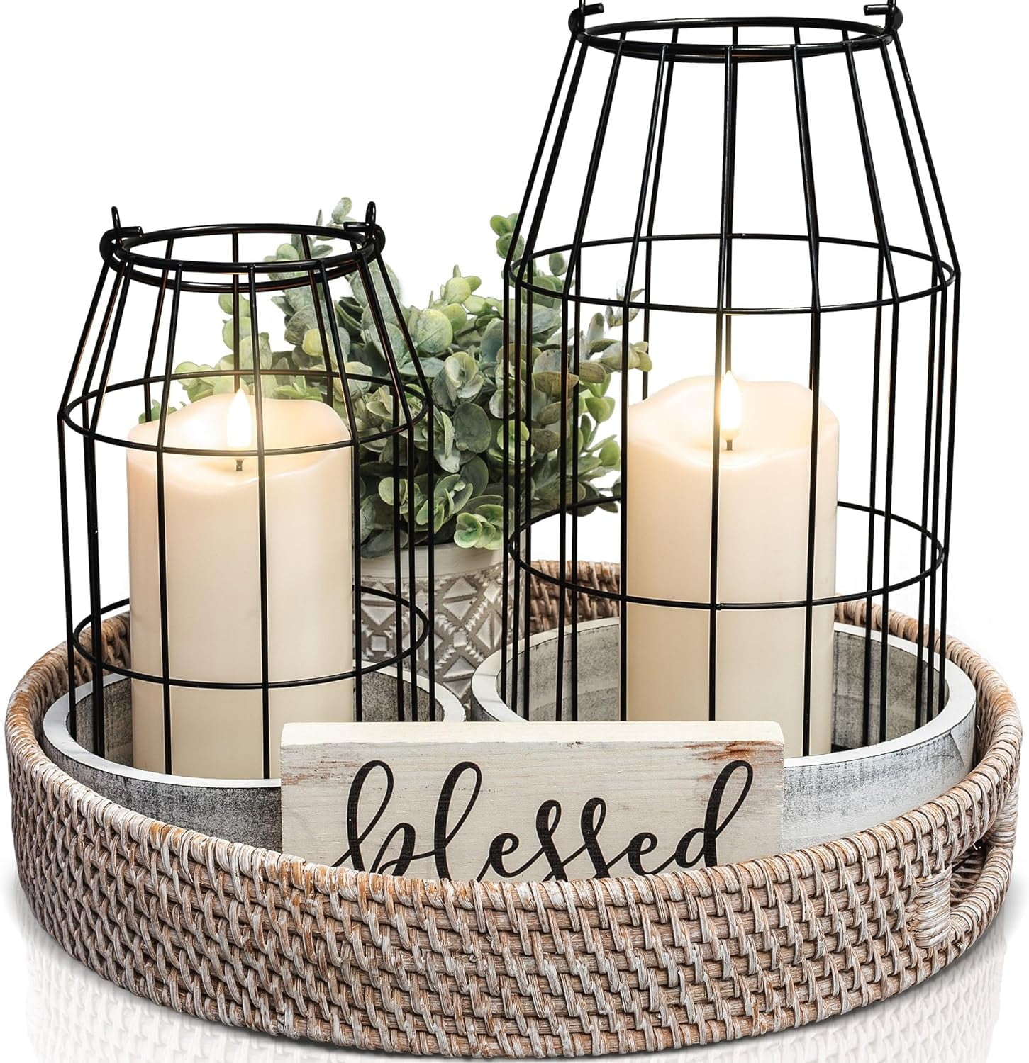 Rustic Black Metal and Wood Candle Lantern Set of 2