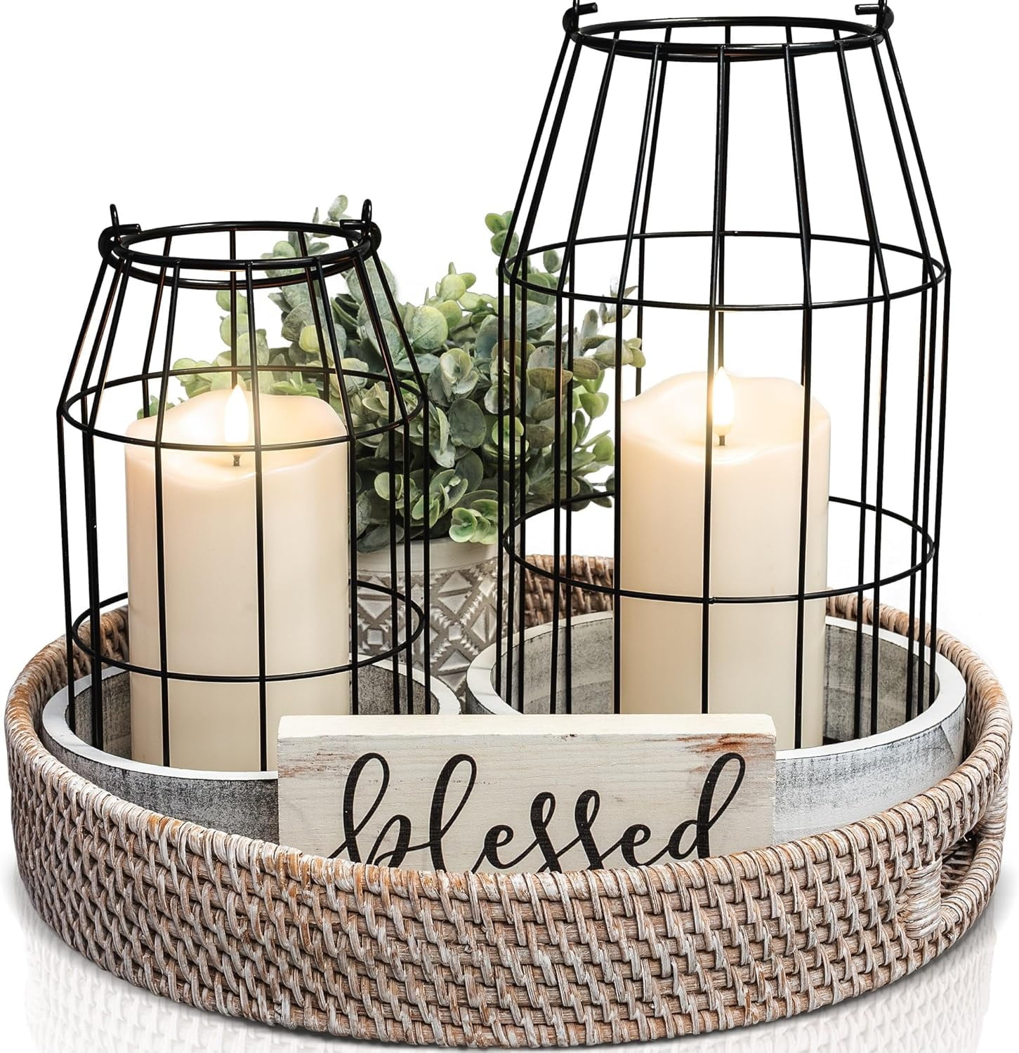 Rustic Black Metal and Wood Candle Lantern Set of 2