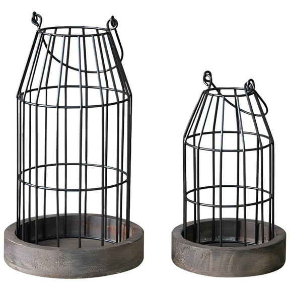 Rustic Farmhouse Lantern Decor Set of 2, Vintage Iron Candle Holders with Black Metal Frame, Wood Base, Indoor Decorative Lanterns for Living Room, Dining Table, and Special Occasions