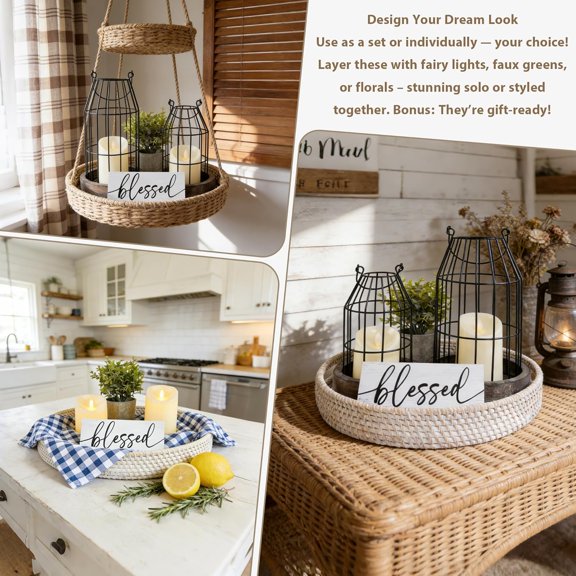 Rustic Farmhouse Lanterns Set of 7, Modern Home Decor for Dining Table Centerpieces Living Room Fireplace Mantel Decoration, Brown$$Home Decor, Kitchen, & Other