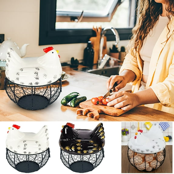Rustic Farmhouse Large Capacity Fresh Egg Gathering Container, Black Metal Mesh Wire Storage Basket With Handles And White Ceramic Chicken Shaped Top Lid - Holds Up To 30 Eggs
