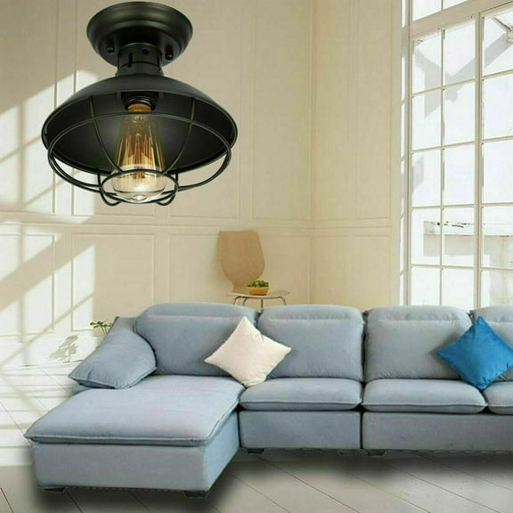 Rustic Farmhouse Metal Cage Ceiling Light Semi Flush Mount Pendant Lamp Fixture for Living Rooms, Bedrooms