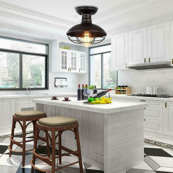 Rustic Farmhouse Metal Cage Semi Flush Mount Ceiling Light, Black Iron Pendant Fixture Compatible with E26 LED & Smart Bulbs, Dimmable