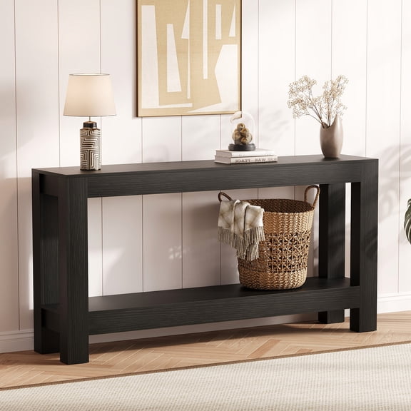 Rustic Farmhouse Narrow Console Table – 63 Inch 2-Tier Sofa Table with Open Storage Shelves – Accent Table for Entryway, Living Room, Behind Couch – Black with Wood Grain Finish