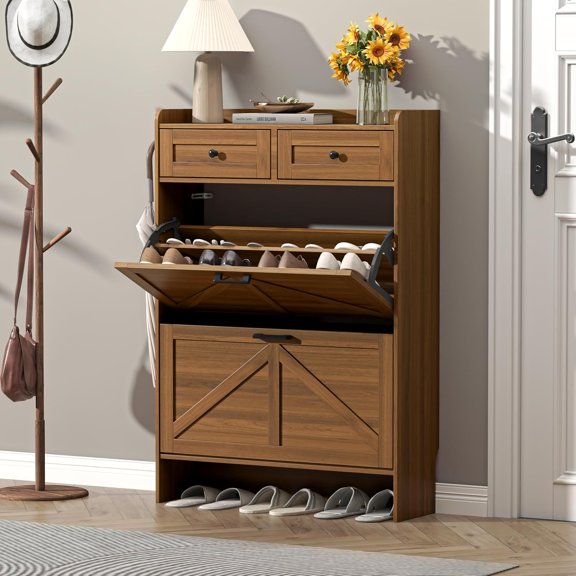 Rustic Farmhouse Narrow Shoe Organizer Cabinet with 2 Flip Drawers and 2 Storage Drawers, Slim Rack for Entryway and Hallway