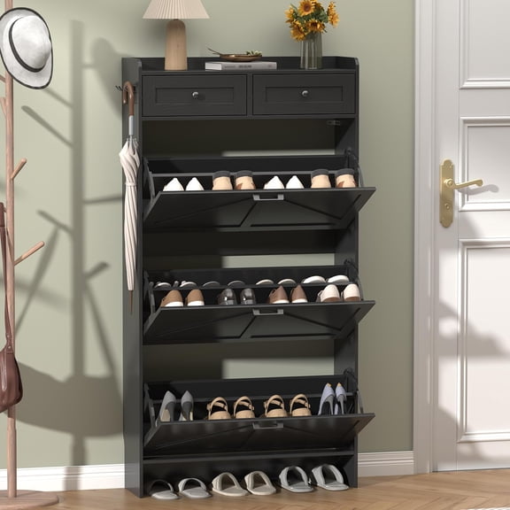 Rustic Farmhouse Narrow Shoe Organizer Cabinet with 3 Flip Drawers and 2 Storage Drawers, Slim Entryway Rack