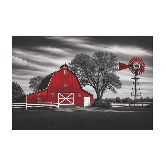 Rustic Farmhouse Old Red Barn and Windmill Canvas Wall Art Black and White Country Landscape for Bedroom Living Room 12*18in