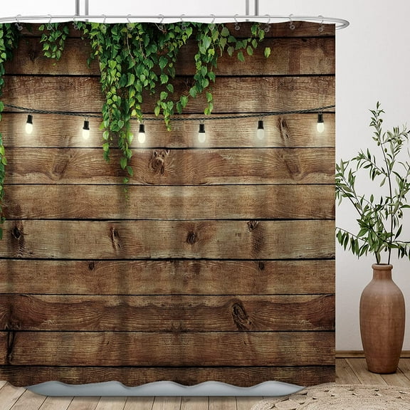 Rustic Farmhouse Outdoor Shower Curtain Wooden Bran Door Green Leaves Antique Brown Wall Lights Bathroom Home Decor Waterproof Polyester 72WX72H Inch 12 Pack Hooks