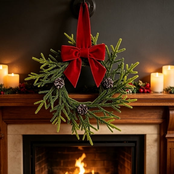 Rustic Farmhouse Pine Wreath with Pinecones & Decorative Bow, Mini Hanging Wreath for Cabinet Door Winter Home Decor