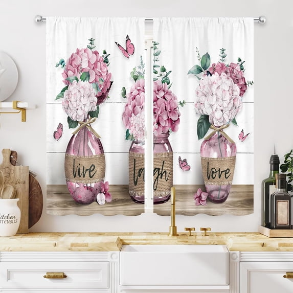 Rustic Farmhouse Pink Floral Kitchen Curtains 27.5Wx39H Inch Rod Pocket Flower Plant Cafe Curtains Spring Butterfly Botanical Country Wooden Small Bedroom Window Drapes Fabric 2 Panels