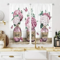 Rustic Farmhouse Pink Floral Kitchen Curtains 27.5Wx39H Inch Rod Pocket Flower Plant Cafe Curtains Spring Butterfly Botanical Country Wooden Small Bedroom Window Drapes Fabric 2 Panels