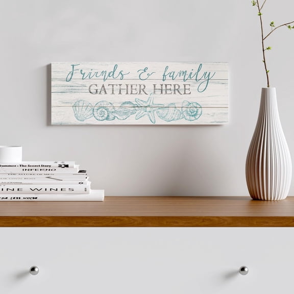 Rustic Farmhouse Plaque Friends & Family Gather Here Home Decorative Signs Inspirational Quotes Wall Art Blue Starfish Shell Conch Picture Canvas for Country Family Summer Beach Decor 17"x6"