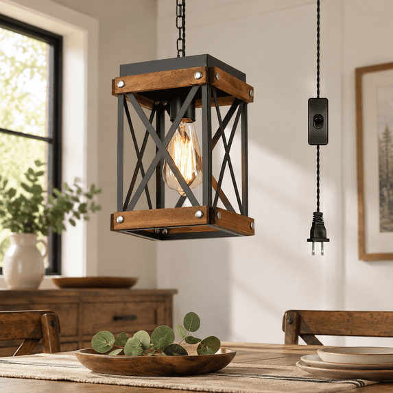 Rustic Farmhouse Plug In Pendant Light Fixture, Oak Wood and Metal ...