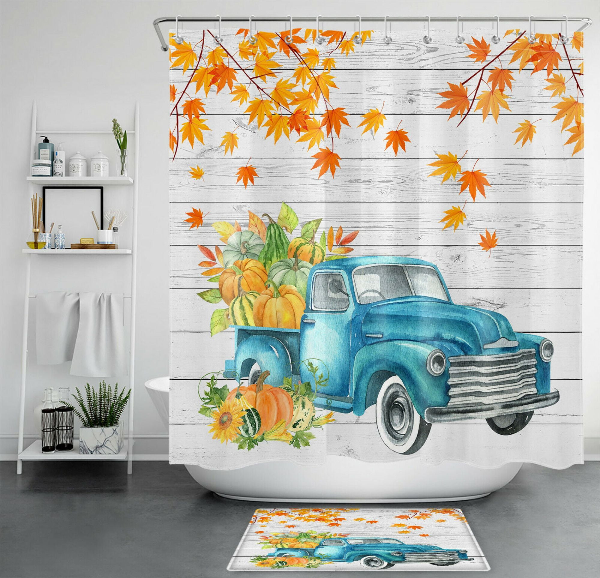Rustic Farmhouse Pumpkin Shower Curtain Vintage Blue Truck Bathroom