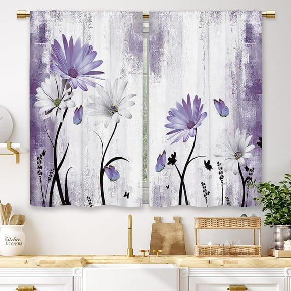 Rustic Farmhouse Purple Daisy Kitchen Curtains Watercolor Floral Flower Small Short Cafe Window Curtains Butterfly Country Bathroom Drapes Treatment Tier Curtains 2 Panels (27.5x36 Inch)