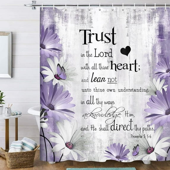 Rustic Farmhouse Purple Shower Curtain Bible Verse Inspirational Shower Curtain Country Farm Bright Violet Daisy Flowers Butterfly Abstract Shower Curtain Set for Bathroom, 69X75IN