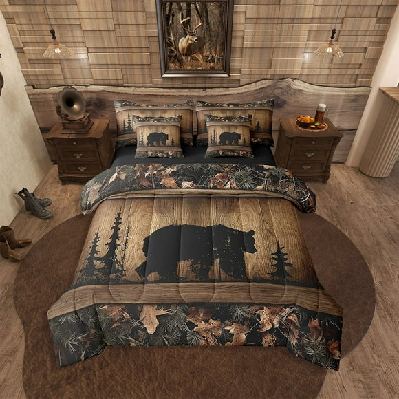 Rustic Farmhouse Queen Comforter Set 7 Piece Country Cabin Bear Bedding Set,Tree Woodland Camo Hunting Wildlife Bed In A Bag For Teen Men Camouflage Animal Sheet Set With Comforter