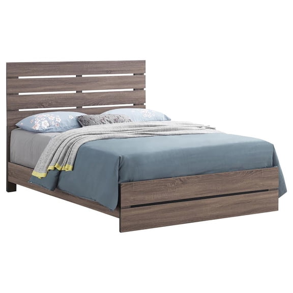 Rustic Farmhouse Queen Panel Bed with Slatted Headboard, Barrel Oak Finish, Wood Bed Frame, Brown, 63W x 85.75L x 52.25H