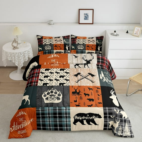 Rustic Farmhouse Quilt King Size, Bear Deer Elk Comforter Set Teens Teenage, Retro Cabin Camper Lodge Bedding Vintage Woodland Grid Claw Grid Claw Bedding Comforter Sets, Orange Grey