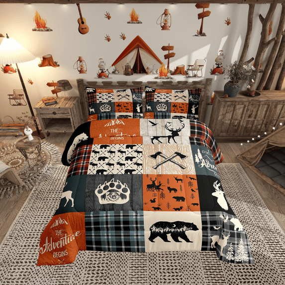Rustic Farmhouse Quilt Queen Size, Bear Deer Elk Comforter Set Teens Teenage, Retro Cabin Camper Lodge Bedding Vintage Woodland Grid Claw Grid Claw Bedding Comforter Sets, Orange Grey