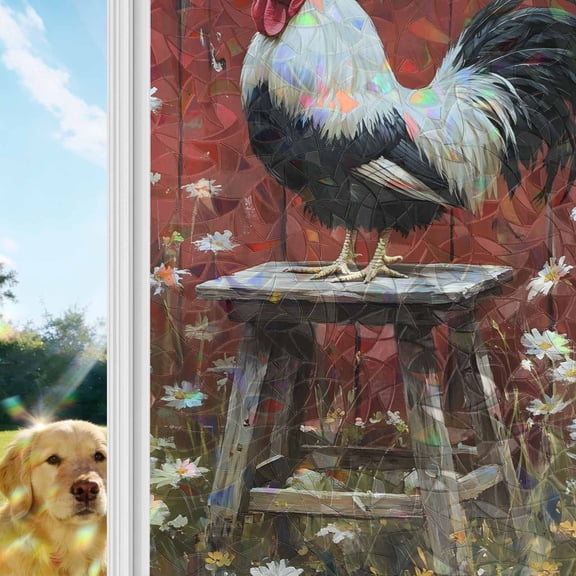 Rustic Farmhouse Rainbow Window Privacy Film, Rustic Red Barn Rooster Wildflowers Stained Glass Window Film, Sun Blocking Glass Clings Static Cling Non Adhesive Door Stickers 29.5 x 78.7 Inches