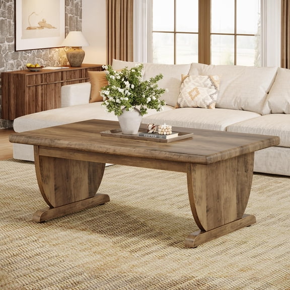 Rustic Farmhouse Rectangle Coffee Table, 48 Inch Wooden with Pedestal