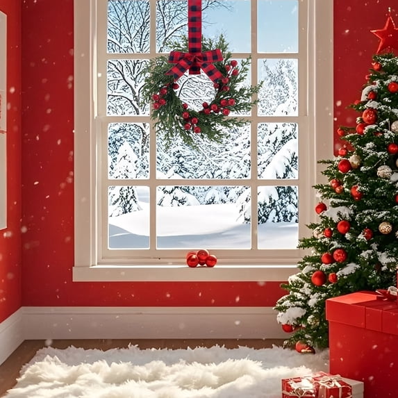 Rustic Farmhouse Red Berry Christmas Wreath with Plaid Bow, Artificial Hanging Wreath for Front Door Indoor Outdoor Decor