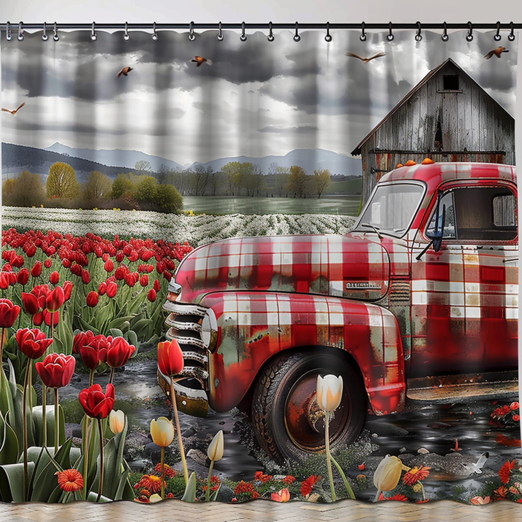 Rustic Farmhouse Red Truck Shower Curtain Country Barn Scene with