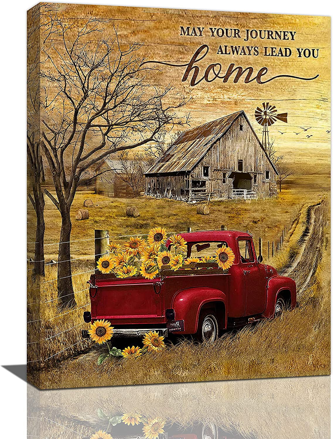 Rustic Farmhouse Red Truck Wall Art Country Farm Red Truck Sunflower Pictures Kitchen Wall Decor Inspirational Old Barn Painting Canvas Print Modern Home Artwork Decoration for Living Room 12"x16"
