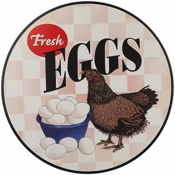 Rustic Farmhouse Round Metal Tin Sign Farmers Market Fresh EGGS Sign Retro Kitchen Decor Wall Door Hanger Decor Sign Diameter 12 in, cloor4