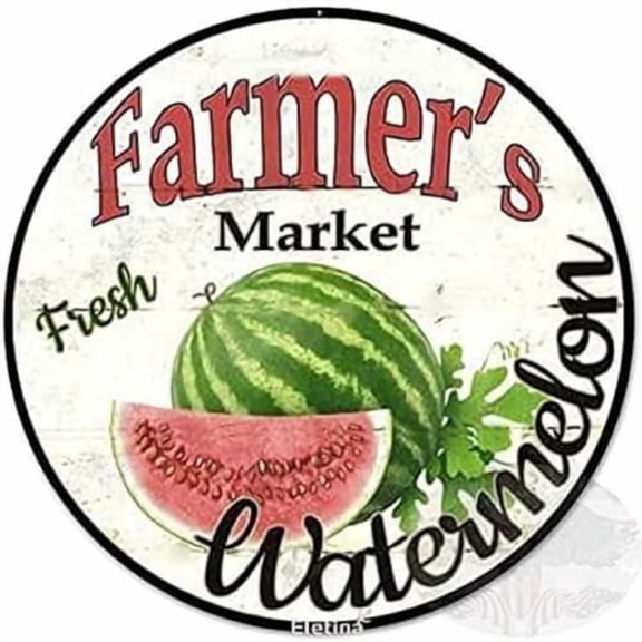 Rustic Farmhouse Round Metal Tin Sign Farmers Market Fresh Watermelon Sign Retro Kitchen Decor Wall Door Hanger Decor Sign Diameter 12in, cloor7