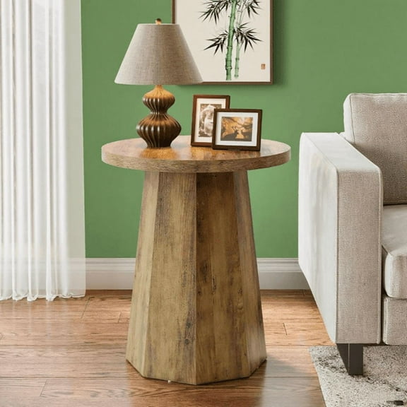 Rustic Farmhouse Round Pedestal Table, Octagonal Base, Water/Scratch-Resistant for Living Room/Bedroom