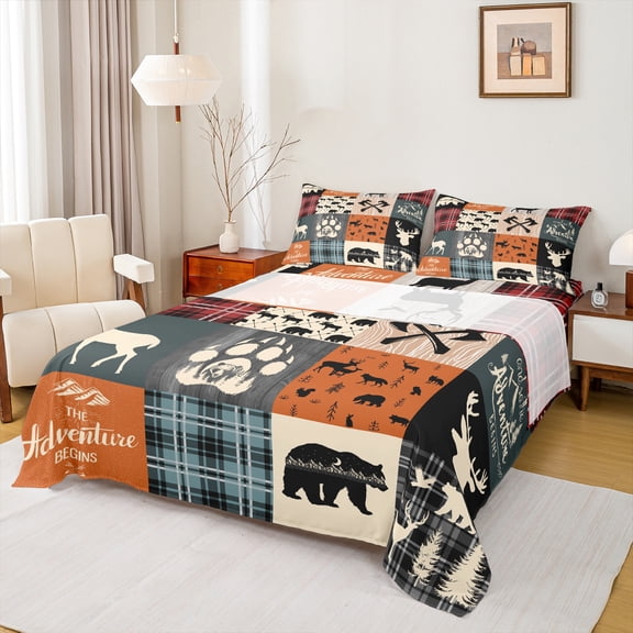 Rustic Farmhouse Sheets Queen Size, Bear Deer Elk Sheet Set Teens Teenage, Retro Cabin Camper Lodge Bed Sheets Set Vintage Woodland Grid Claw Grid Claw Flat Fitted Sheet, Orange Grey