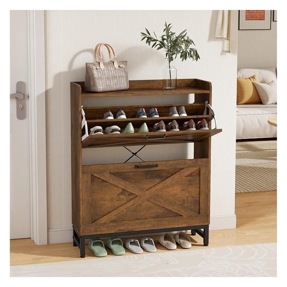 Rustic Farmhouse Shoe Cabinet with 2 Drawers, Narrow Entryway Shoe Storage Organizer for 1216 Pairs, Space-Saving Hallway Shoe Rack with Metal Frame & Top Shelf for Bags & Decor (Brown)