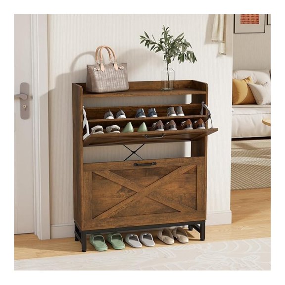 Rustic Farmhouse Shoe Cabinet with 2 Drawers, Narrow Entryway Shoe Storage Organizer for 1216 Pairs, Space-Saving Hallway Shoe Rack with Metal Frame & Top Shelf for Bags & Decor (Brown)