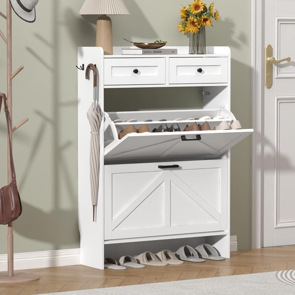 Rustic Farmhouse Shoe Cabinet with 2 Flip Drawers & 2 Storage Drawers, Slim MDF