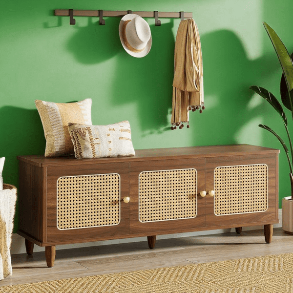 AsterOutdoor 3 Rattan Doors Shoe Storage Bench Engineered Wood, Holds 10 pairs