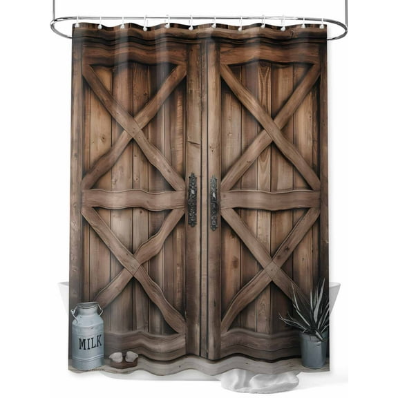 Rustic Farmhouse Shower Curtain, Barn Door Countryside Bathroom Decor Curtains Set with Hooks, Brown Waterproof Fabric Home Accessories, Stall 36 X 72 Inch