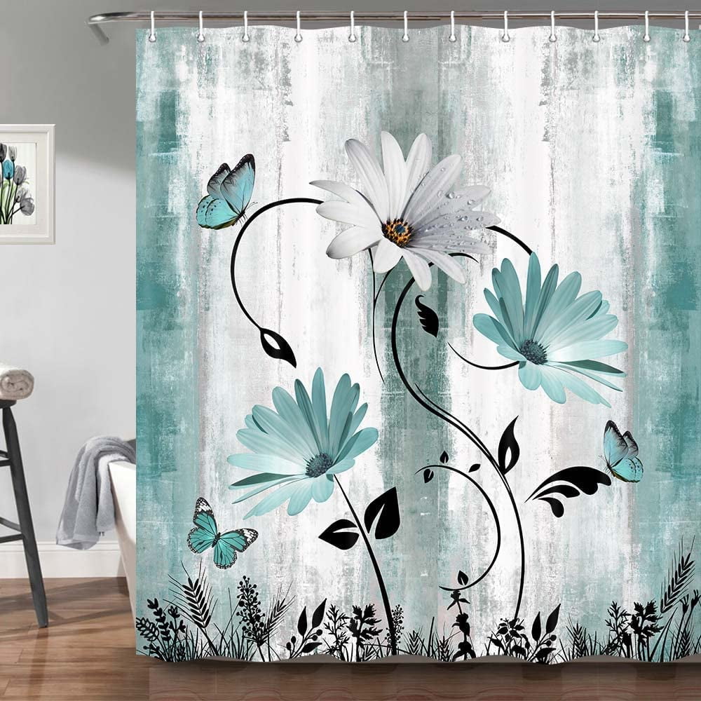 Rustic Farmhouse Shower Curtain for Bathroom, Farm Teal Daisy Floral Flowers and Butterfly on Country Wooden Bath Curtains, Turquoise Blue Fabric Bathroom Decor Set with Hooks 69x78