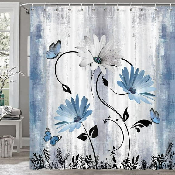 Rustic Farmhouse Shower Curtain for Bathroom, Farm Teal Daisy Floral Flowers and Butterfly on Country Wooden Bath Curtains, Turquoise Fabric Bathroom Decor Set with Hooks 72x72 Blue