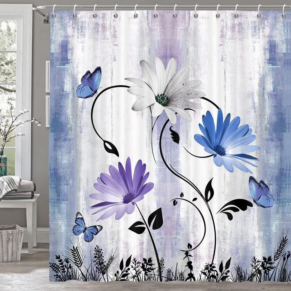 Rustic Farmhouse Shower Curtain for Bathroom, Farm Teal Daisy Floral Flowers and Butterfly on Country Wooden Bath Curtains, Turquoise Purple Blue Fabric Bathroom Decor Set with Hooks 36x72