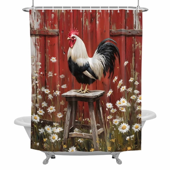 Rustic Farmhouse Shower Curtain for Bathroom, Rustic Red Barn Rooster Wildflowers Waterproof Cloth Fabric Bathroom Accessories Set with 12 Rust Proof Plastic Hooks, 36"x72"