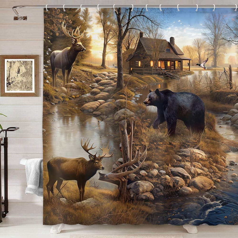 Rustic Farmhouse Shower Curtain, Bear Moose Lodge Woodland Shower