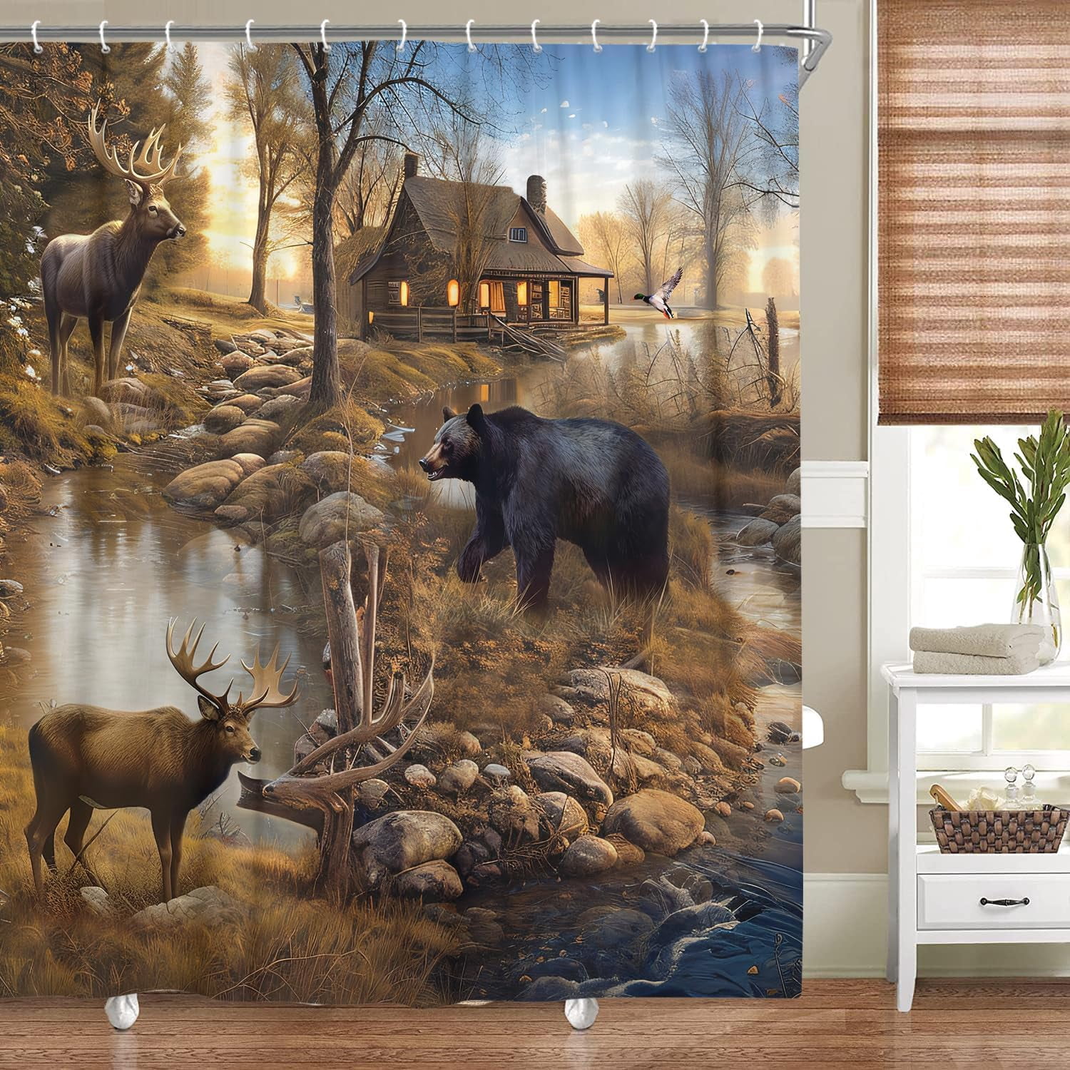 Rustic Farmhouse Shower Curtain, Bear Moose Lodge Woodland Shower Curtain Set, Country Lake Lodge Cabin Shower Curtain for Bathroom Decor with Hooks,70X70