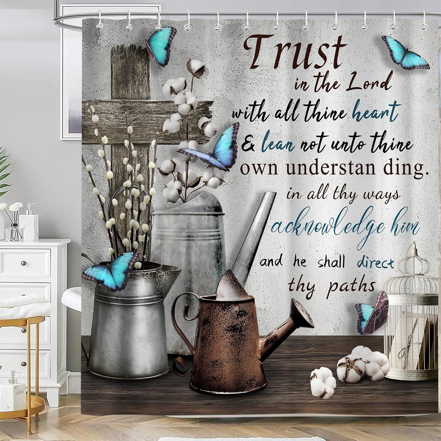 Rustic Farmhouse Shower Curtain,Bible Verse Inspirational Quotes Country Farm Bath Curtains,Grey Vintage Waterproof Fabric Bathroom Decor Set with Hooks-60"W x 72"L (Pack of 1)