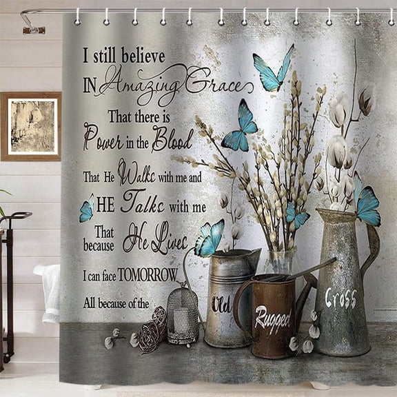 Rustic Farmhouse Shower Curtain, Blue Butterfly White Cotton Flower Inspirational Quotes Shabby Chic French Country Bathroom Decor Waterproof Fabric Shower Curtain, 72 X 72 Inch, Amazing Grace